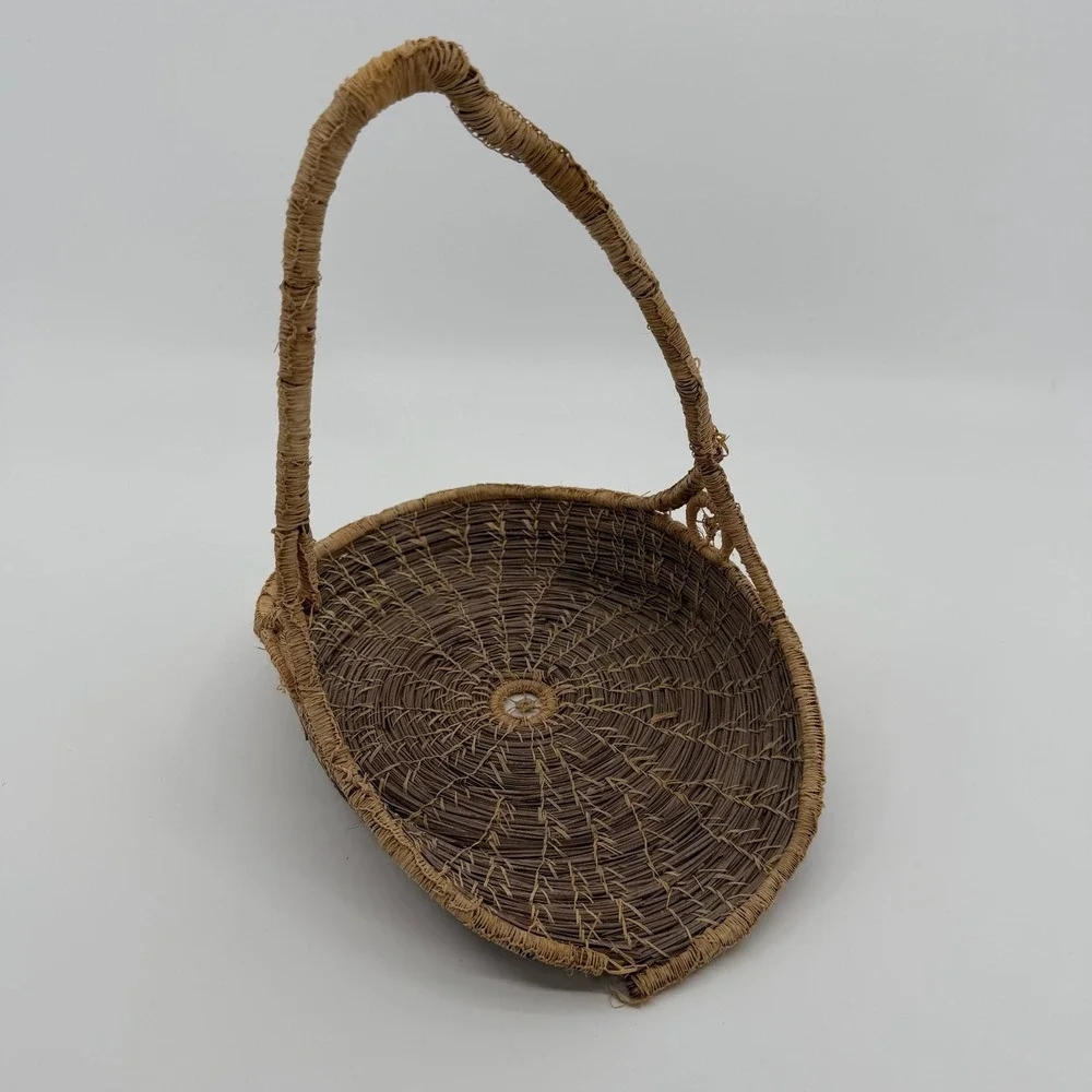 Vtg Handmade Pine Needle Gathering Basket Wrapped Handle Southern Folk Art Decor